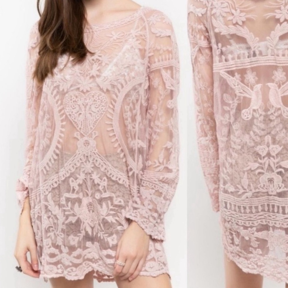 POL Sheer Lace Embroidered Tunic